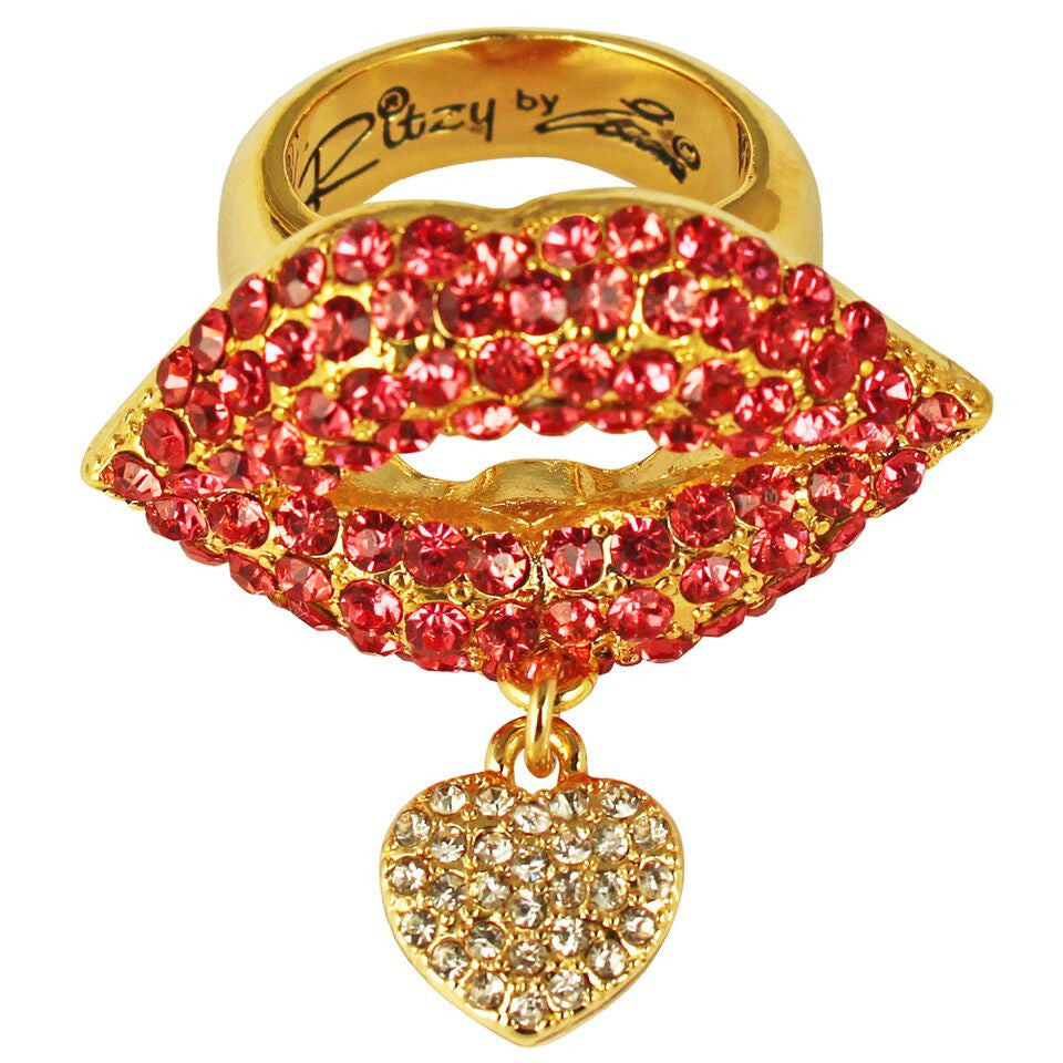 Ritzy Couture Valentine Heart Charm & Lips Finger Ring for Women (Goldtone)