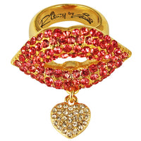 Ritzy Couture Valentine Heart Charm & Lips Finger Ring for Women (Goldtone)