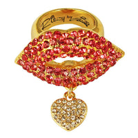 Ritzy Couture Valentine Heart Charm & Lips Finger Ring for Women (Goldtone)