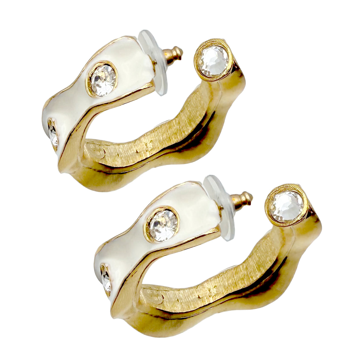 Kenneth Jay Lane 22k Gold Plated White Enamel Hoop Earrings with Crystals