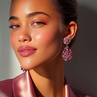 Oscar De La Renta Gold Rose Fuchsia Swarovski Crystal Pear Drop Clip Earrings