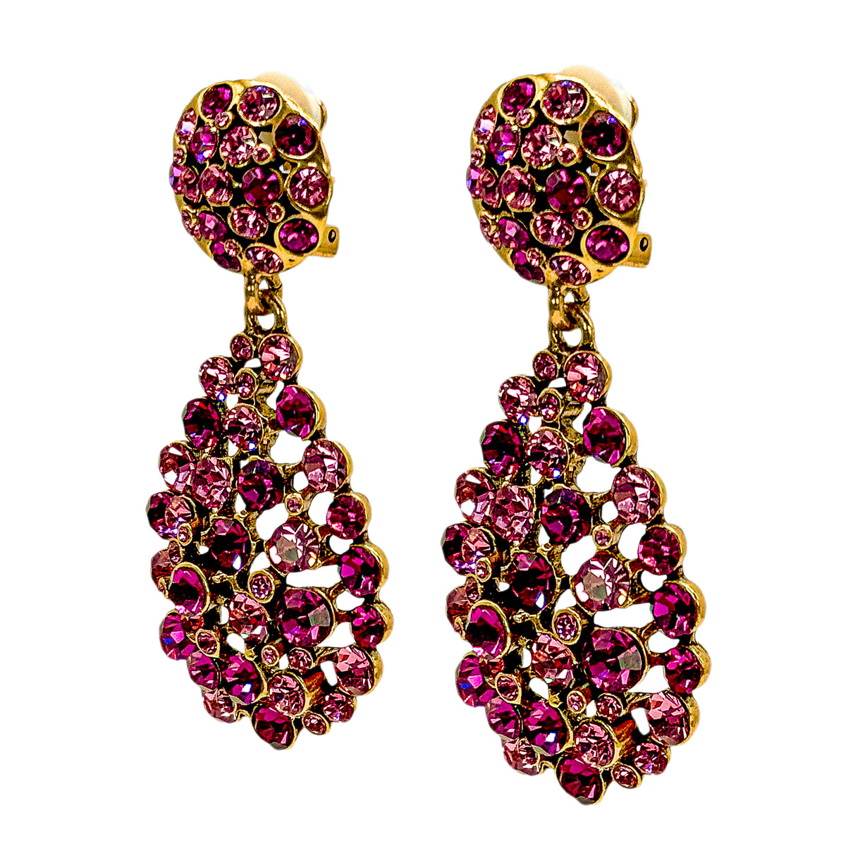 Oscar De La Renta Gold Rose Fuchsia Swarovski Crystal Pear Drop Clip Earrings