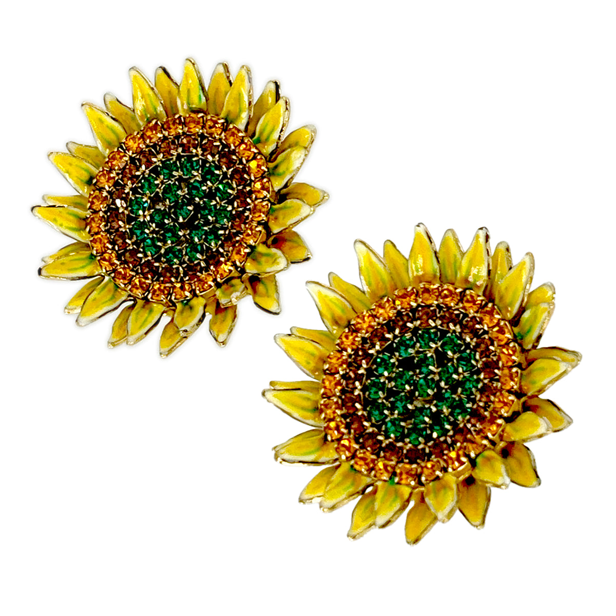 Lunch at The Ritz Sunflower Crystal Post Earrings 22k Gold Enamel Handmade USA