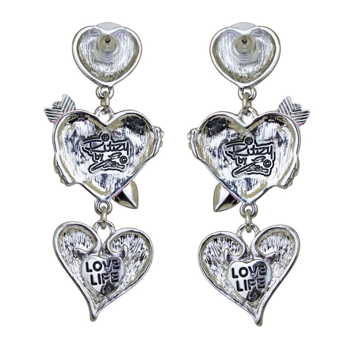Ritzy Couture Heart & Arrow Dangle Pink Charm Earrings (Silvertone)