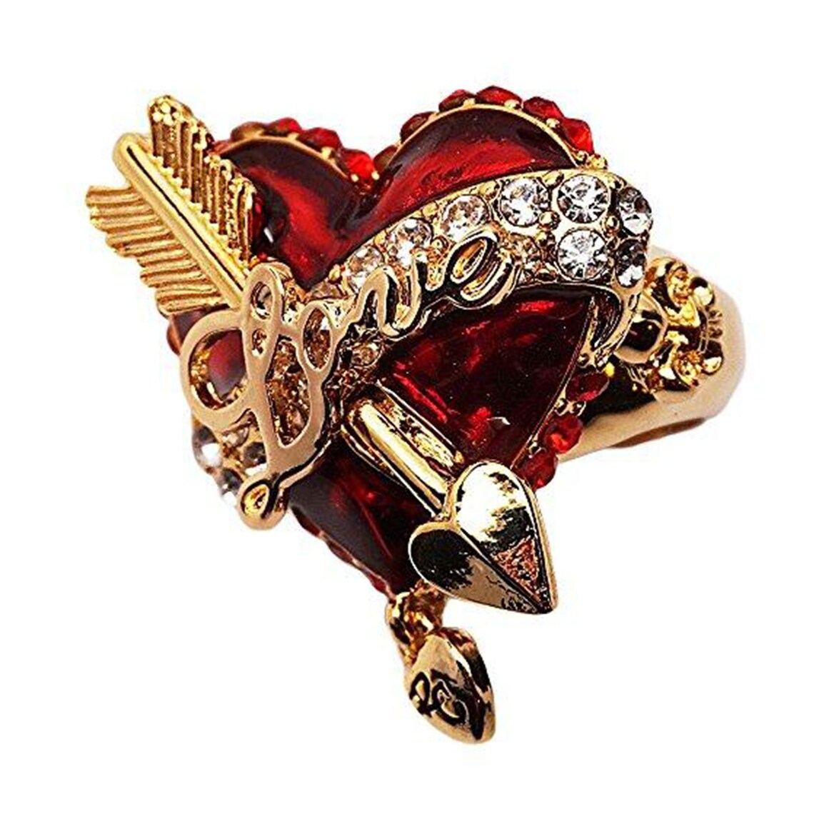 Ritzy Couture Love Valentine Heart & Arrow Red Dangle Ring for Women (Goldtone)