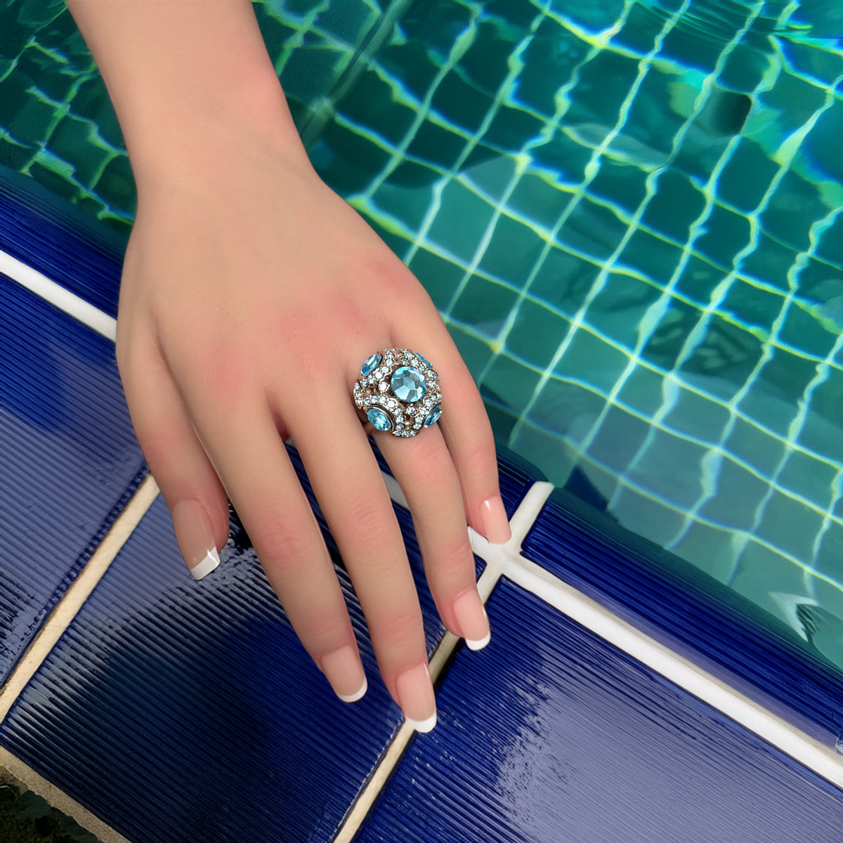Kenneth Jay Lane Silver Plated Ring with Aquamarine Austrian Crystals Adjustable
