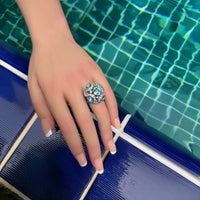 Kenneth Jay Lane Silver Plated Ring with Aquamarine Austrian Crystals Adjustable