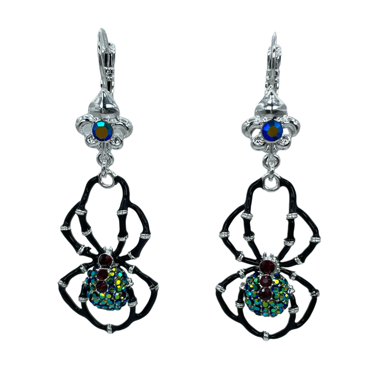 Ritzy Couture DeLuxe Halloween Spider Crystal Leverback Earrings-Fine Silver Plate - Black Red silver