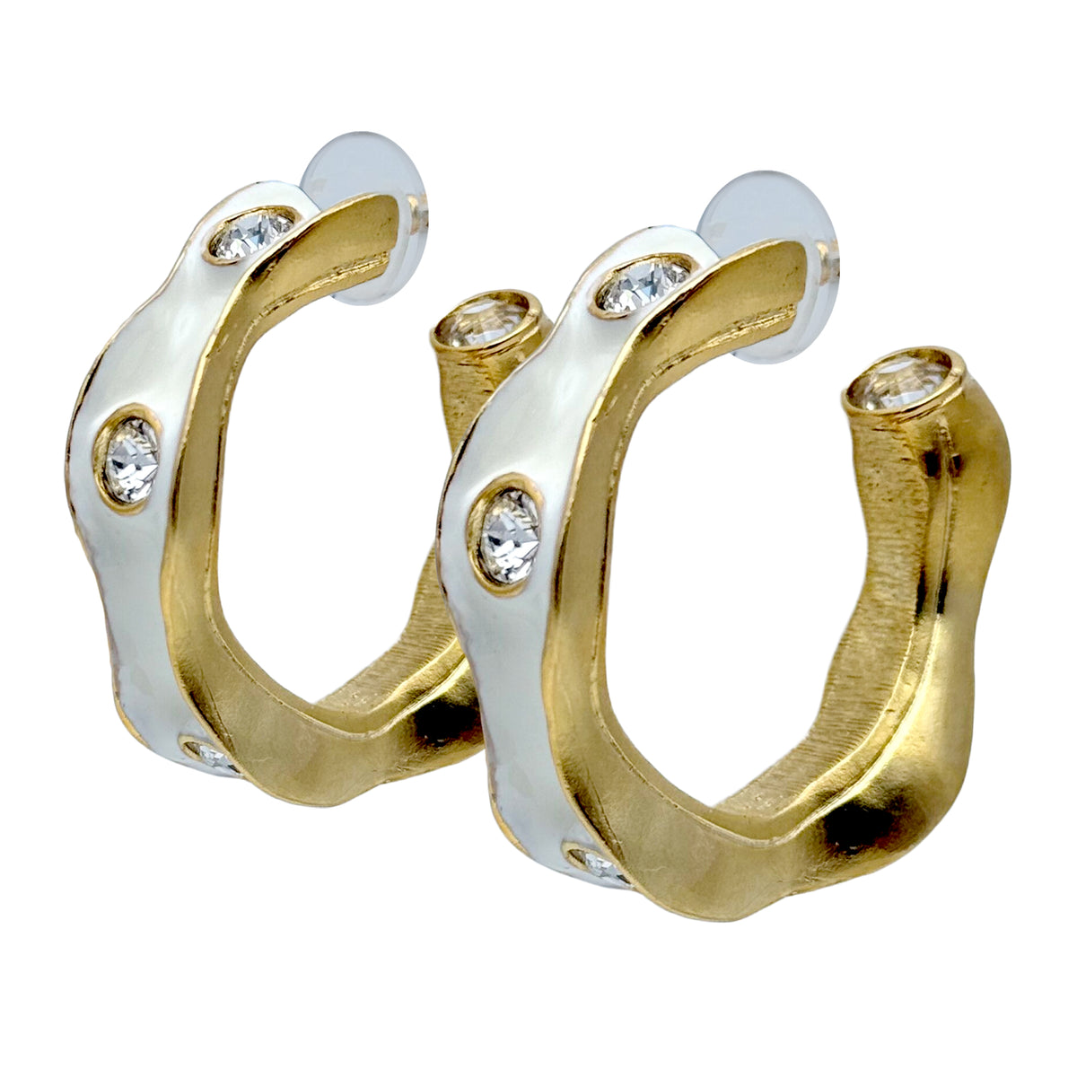 Kenneth Jay Lane 22k Gold Plated White Enamel Hoop Earrings with Crystals