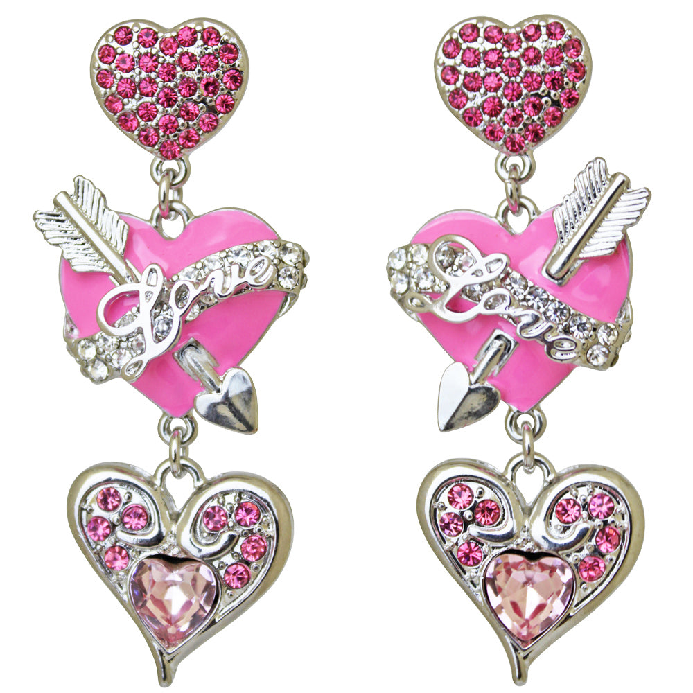 Ritzy Couture Heart & Arrow Dangle Pink Charm Earrings (Silvertone)