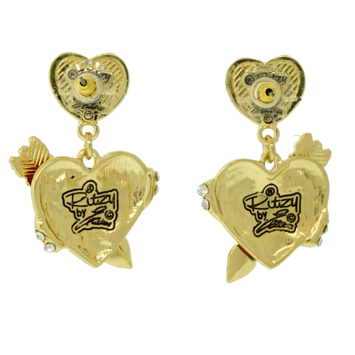 Ritzy Couture Valentine Hearts & Arrows Red Dangle Earrings for Women (Goldtone)