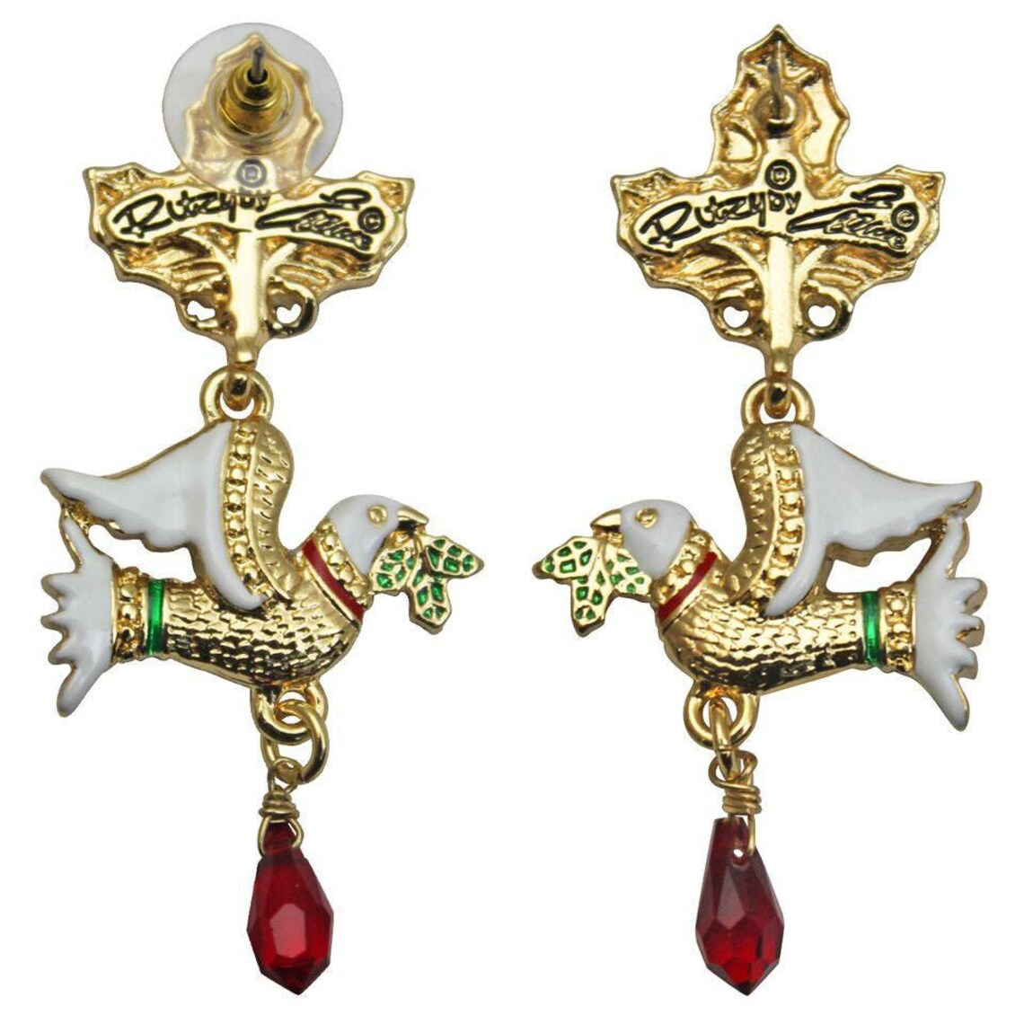 Two Turtle Doves Merry Christmas Drop Dangle Earrings by Ritzy Couture -Goldtone