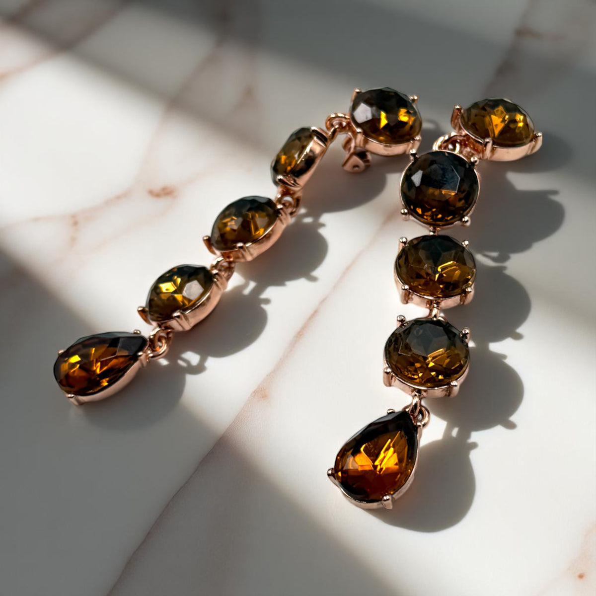 Oscar De La Renta Rose Gold Smoke Topaz Crystal Drop Earrings Contemporary