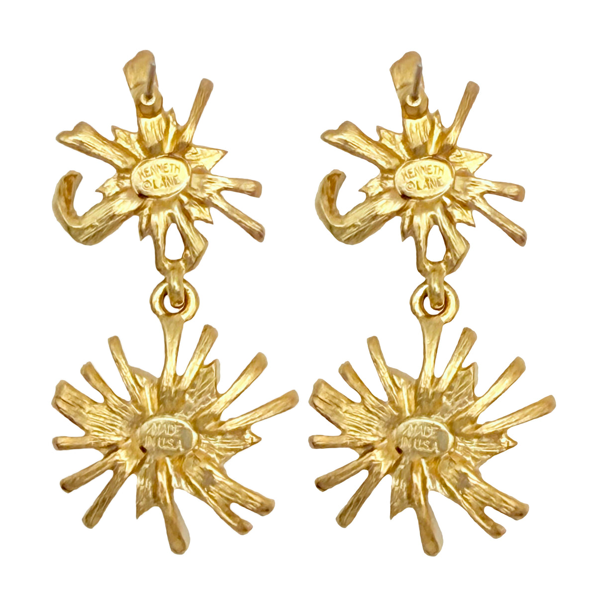 Kenneth Jay Lane 22k Gold and Silver Crystal Pave Starburst Dangle Post Earrings