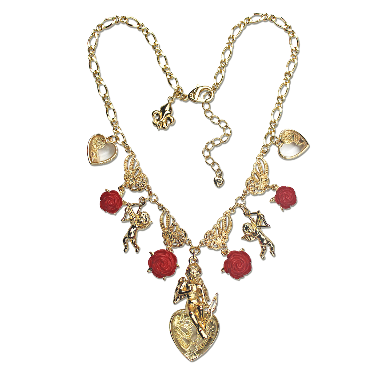 Ritzy Couture Valentine Cupid Heart Red Multi Charm Pendant Necklace 18" Goldtone - Red/Gold