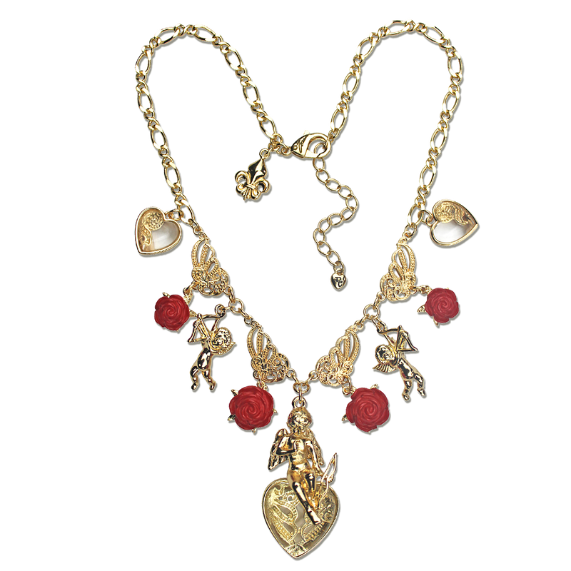 Ritzy Couture Valentine Cupid Heart Red Multi Charm Pendant Necklace 18" Goldtone