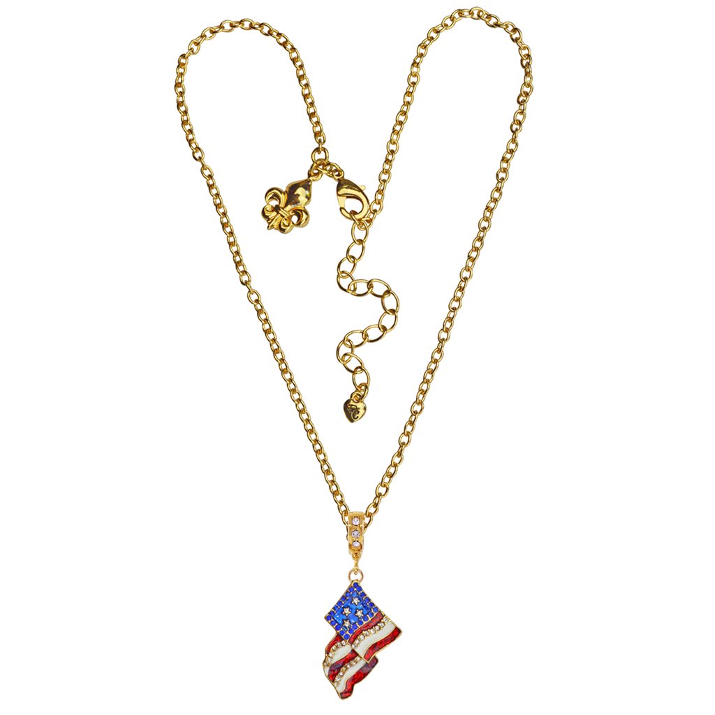 Ritzy Couture American Flag Charm Pendant Necklace (Goldtone) - Red/Blue/Gold