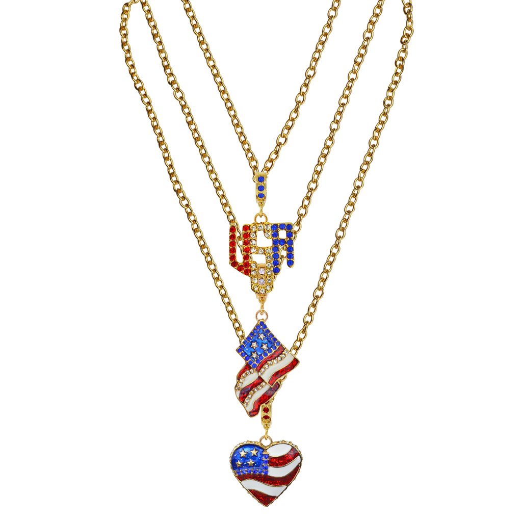 Ritzy Couture American Flag Charm Pendant Necklace (Goldtone) - Red/Blue/Gold