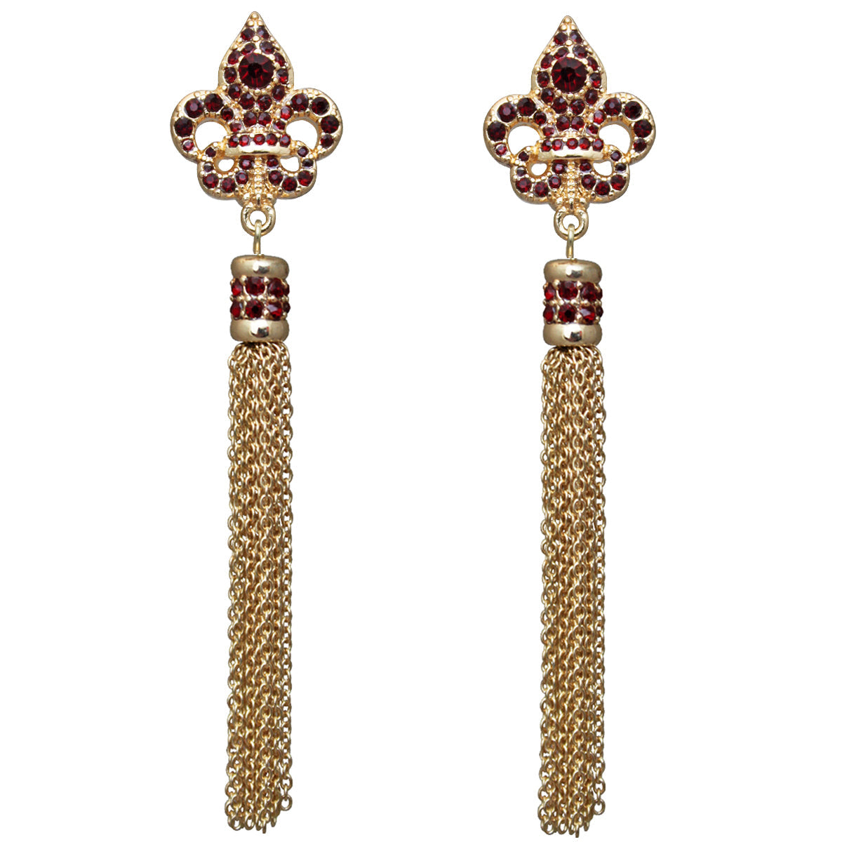 Ritzy Couture Royal Pave Fleur de Lis Siam Ruby Tassel Earrings (Goldtone)