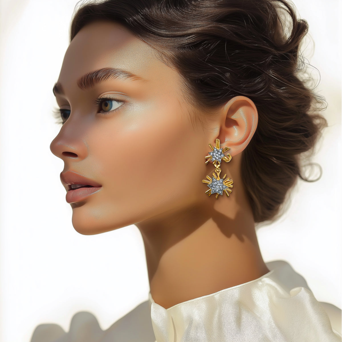 Kenneth Jay Lane 22k Gold and Silver Crystal Pave Starburst Dangle Post Earrings