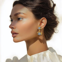 Kenneth Jay Lane 22k Gold and Silver Crystal Pave Starburst Dangle Post Earrings