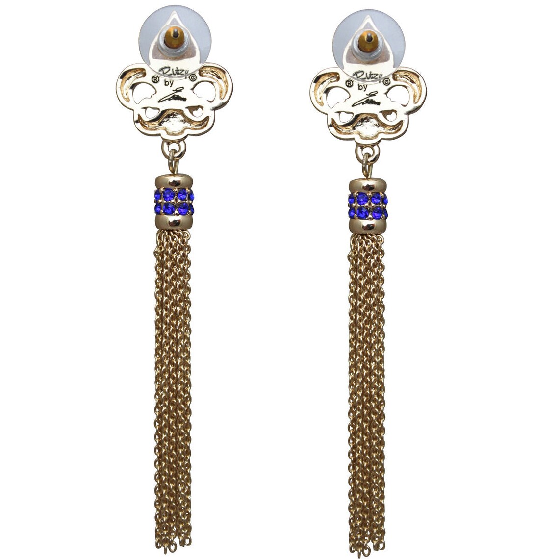 Ritzy Couture Royal Pave Fleur de Lis Capri Blue Tassel Earrings (Goldtone)