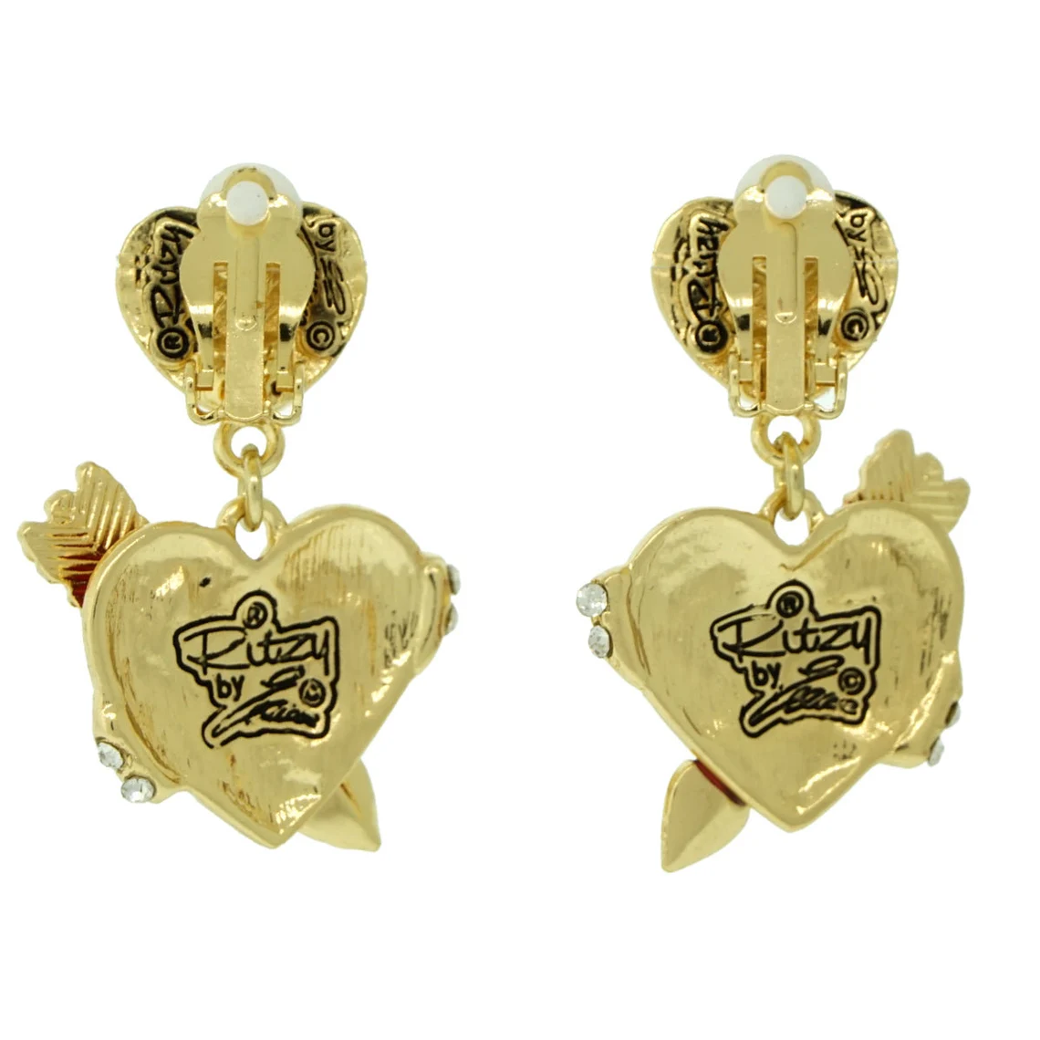 Ritzy Couture Valentine Hearts & Arrows Red Dangle Earrings for Women (Goldtone)