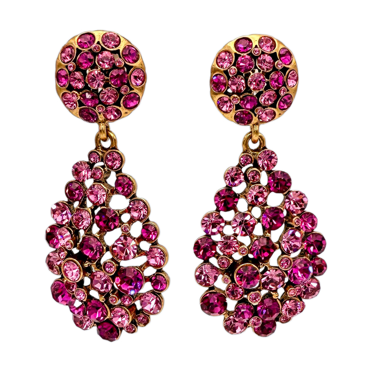 Oscar De La Renta Gold Rose Fuchsia Swarovski Crystal Pear Drop Clip Earrings