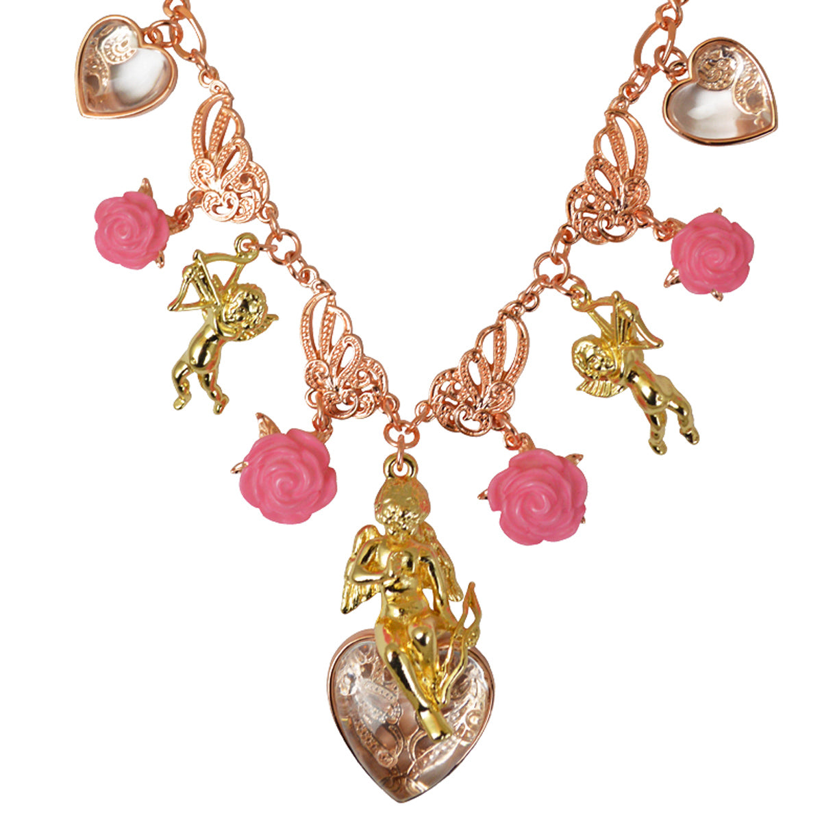 Ritzy Couture Pink Valentine Cupid Charm Pendant Necklace Rose Goldtone/Goldtone - Multicolor