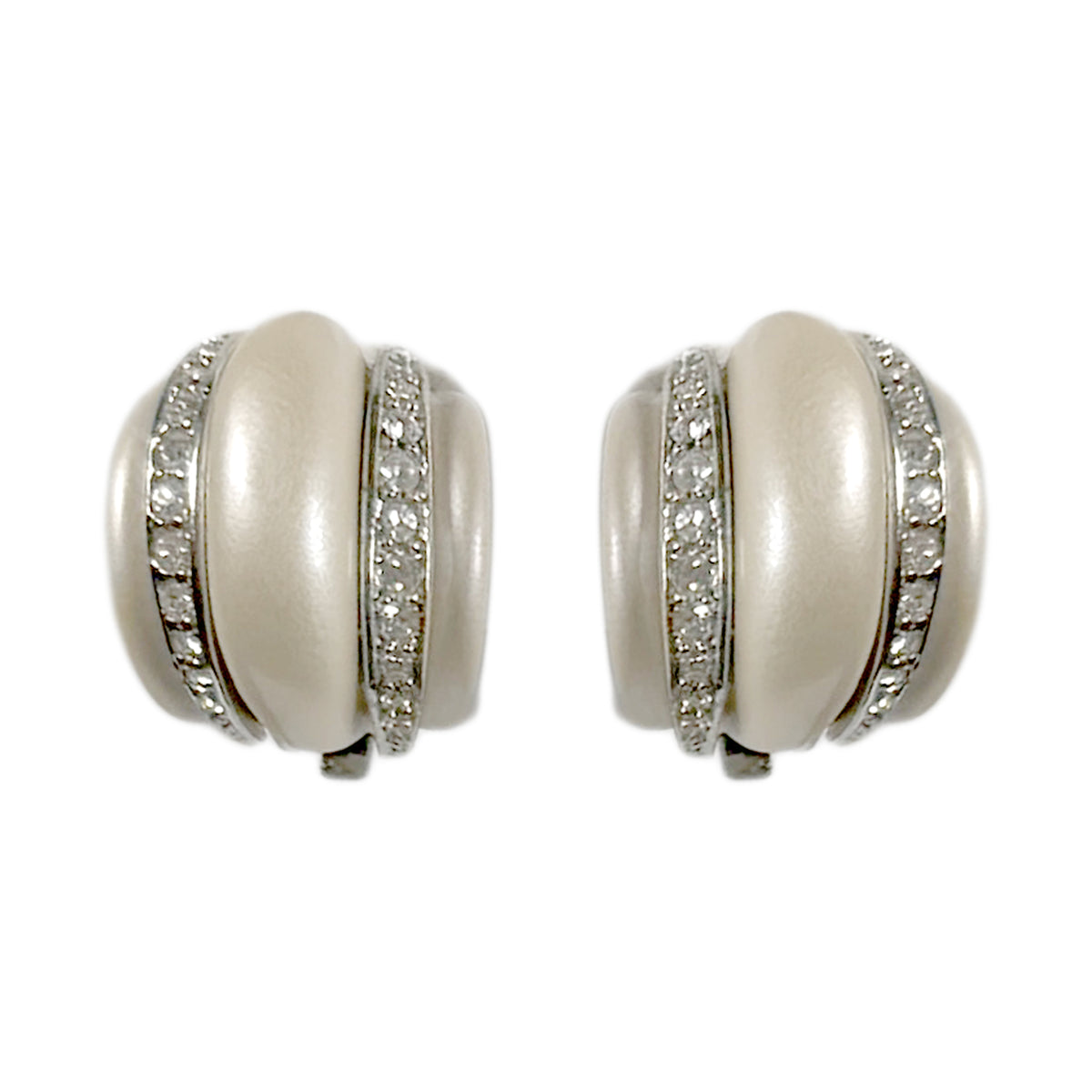 Kenneth Jay Lane Silver Plated Clip Earrings with Pearl Resin and Pave Crystals
