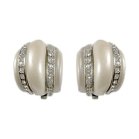 Kenneth Jay Lane Silver Plated Clip Earrings with Pearl Resin and Pave Crystals