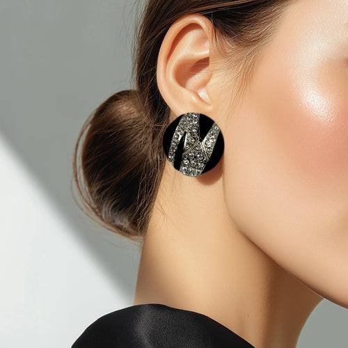 Kenneth Jay Lane Silver Plated Black Enamel Clip Earrings with Crystal Zigzag