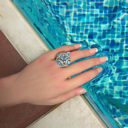 Kenneth Jay Lane Silver Plated Ring with Aquamarine Austrian Crystals Adjustable