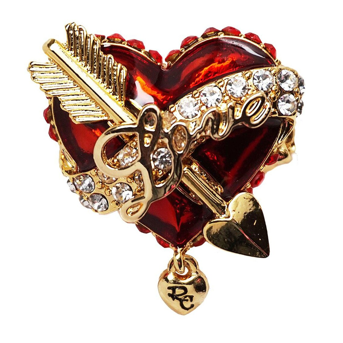 Ritzy Couture Love Valentine Heart & Arrow Red Dangle Ring for Women (Goldtone)