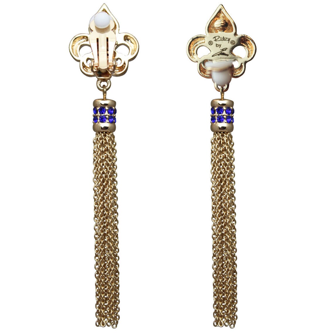 Ritzy Couture Royal Pave Fleur de Lis Capri Blue Tassel Earrings (Goldtone)