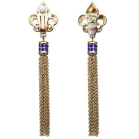 Ritzy Couture Royal Pave Fleur de Lis Capri Blue Tassel Earrings (Goldtone)