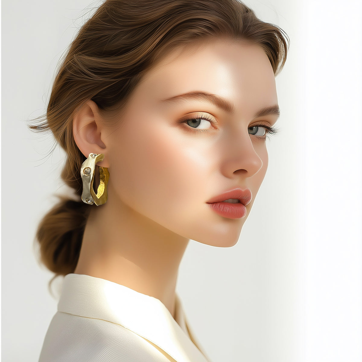 Kenneth Jay Lane 22k Gold Plated White Enamel Hoop Earrings with Crystals