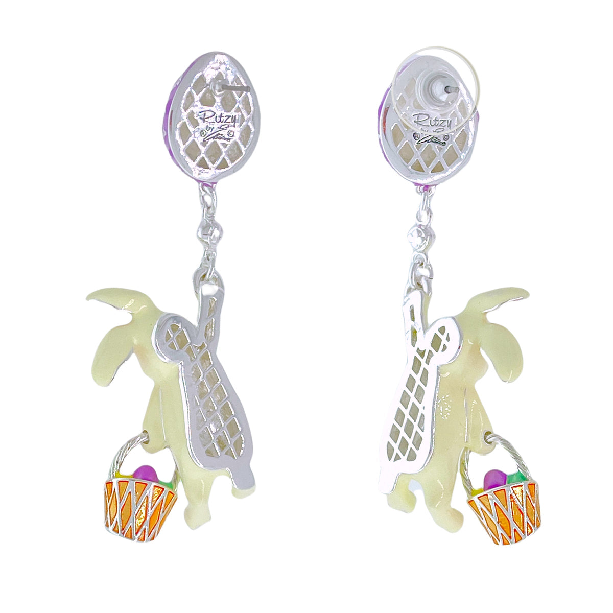 Adorable Easter Bunny and Egg Earrings Ritzy Couture DeLuxe - Fine Silver Plating