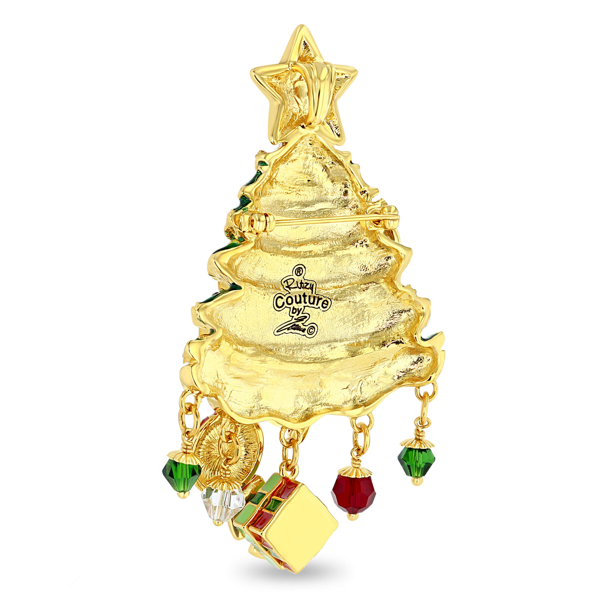 Christmas Tree Ornament Charm Pin by Ritzy Couture DeLuxe-18k Gold Layered Brass