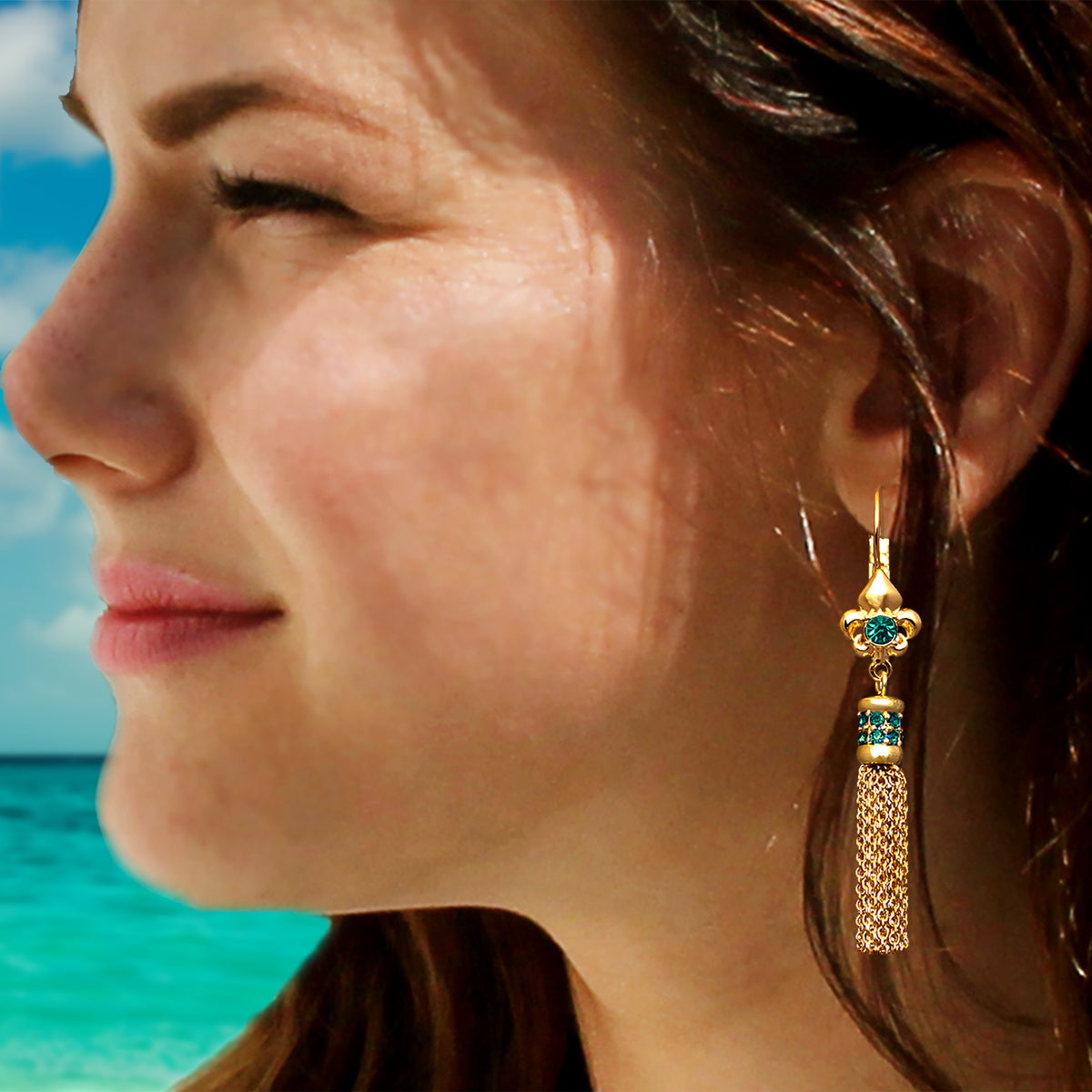 Ritzy Couture Fleur-de-Lis Blue Zircon Tassel Leverback Earrings-Goldtone Luxury - Goldtone/Blue Zircon