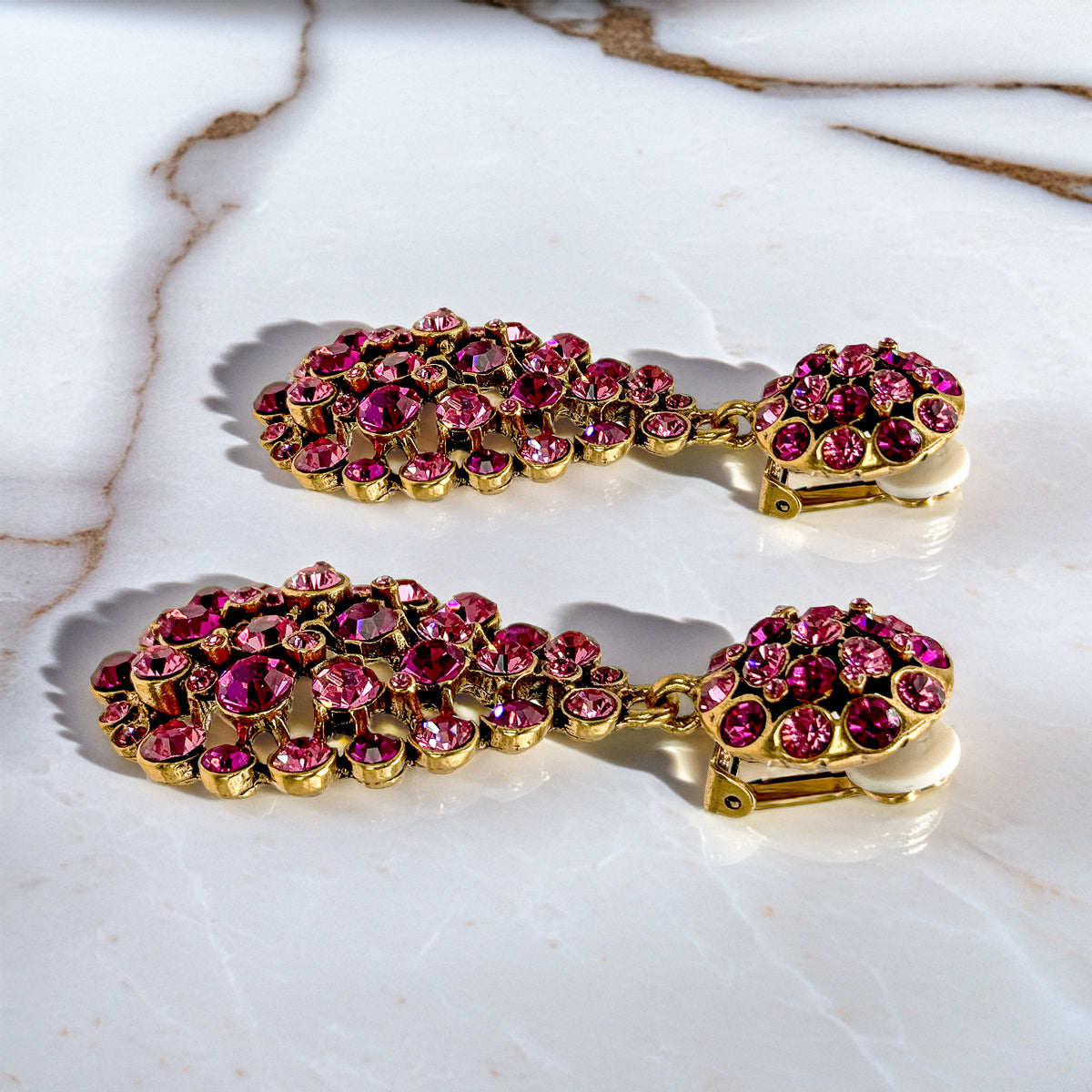 Oscar De La Renta Gold Rose Fuchsia Swarovski Crystal Pear Drop Clip Earrings