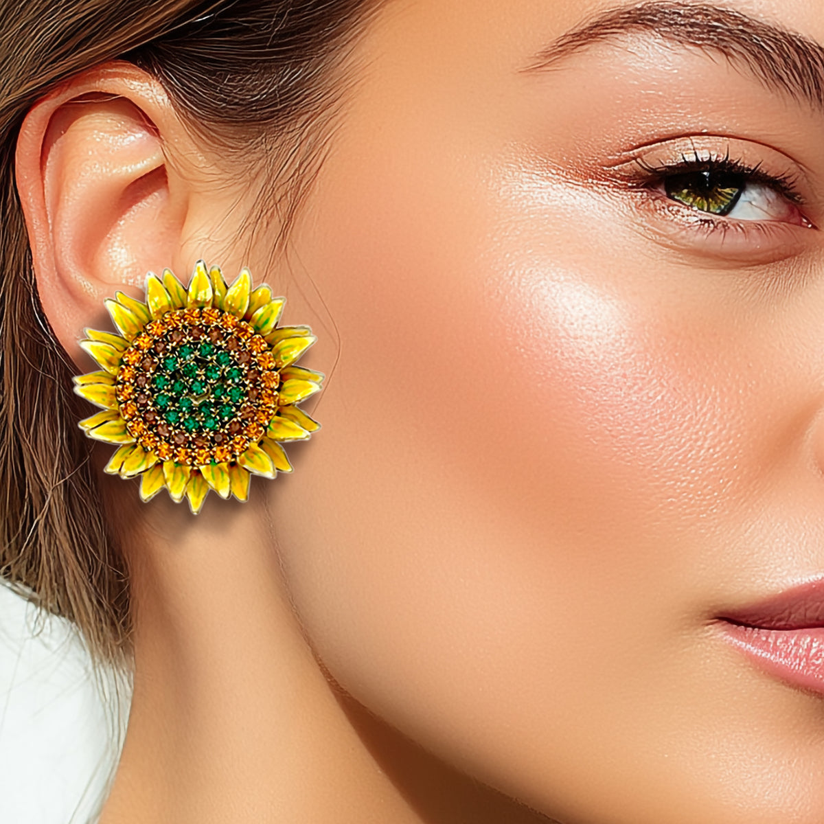 Lunch at The Ritz Sunflower Crystal Post Earrings 22k Gold Enamel Handmade USA