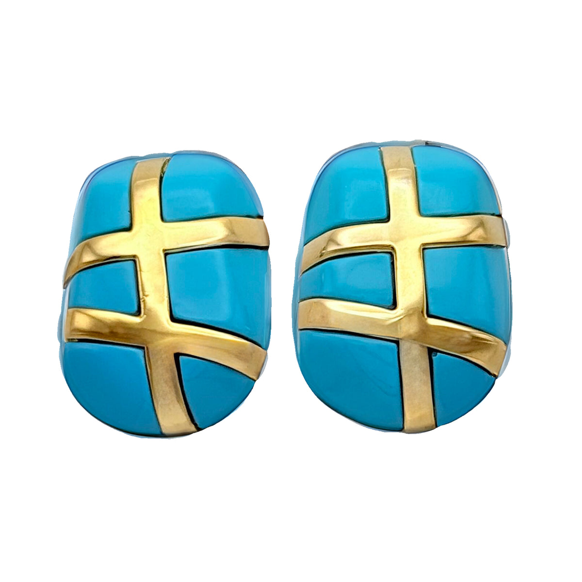 Kenneth Jay Lane 22k Gold Plated Turquoise Resin Clip Earrings Modernist Motif