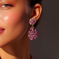 Oscar De La Renta Gold Rose Fuchsia Swarovski Crystal Pear Drop Clip Earrings