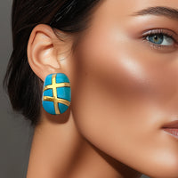 Kenneth Jay Lane 22k Gold Plated Turquoise Resin Clip Earrings Modernist Motif