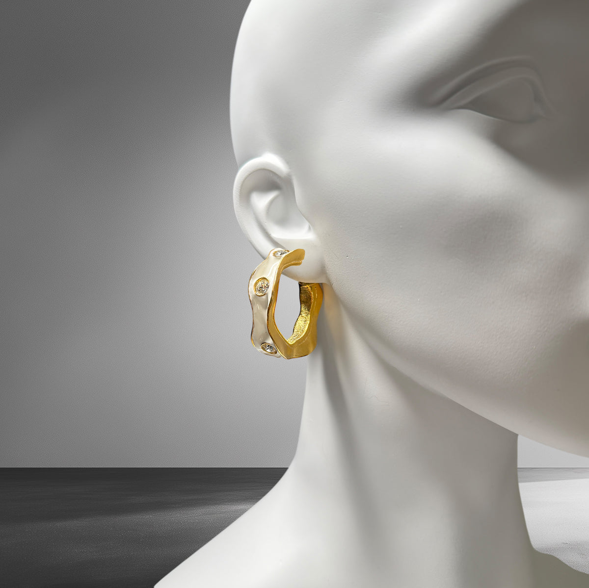 Kenneth Jay Lane 22k Gold Plated White Enamel Hoop Earrings with Crystals