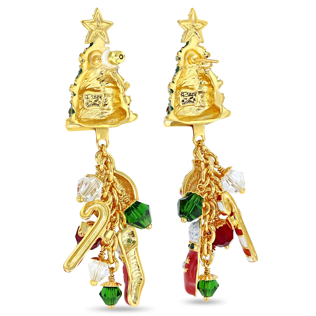 Christmas Tree Multi Charm Earrings for Women by Ritzy Couture DeLuxe - 18k Gold Plated