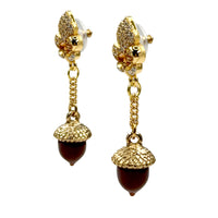 Ritzy Couture DeLuxe Autumn Acorn Brown Dangle Earrings - 22K Gold Plated Brass