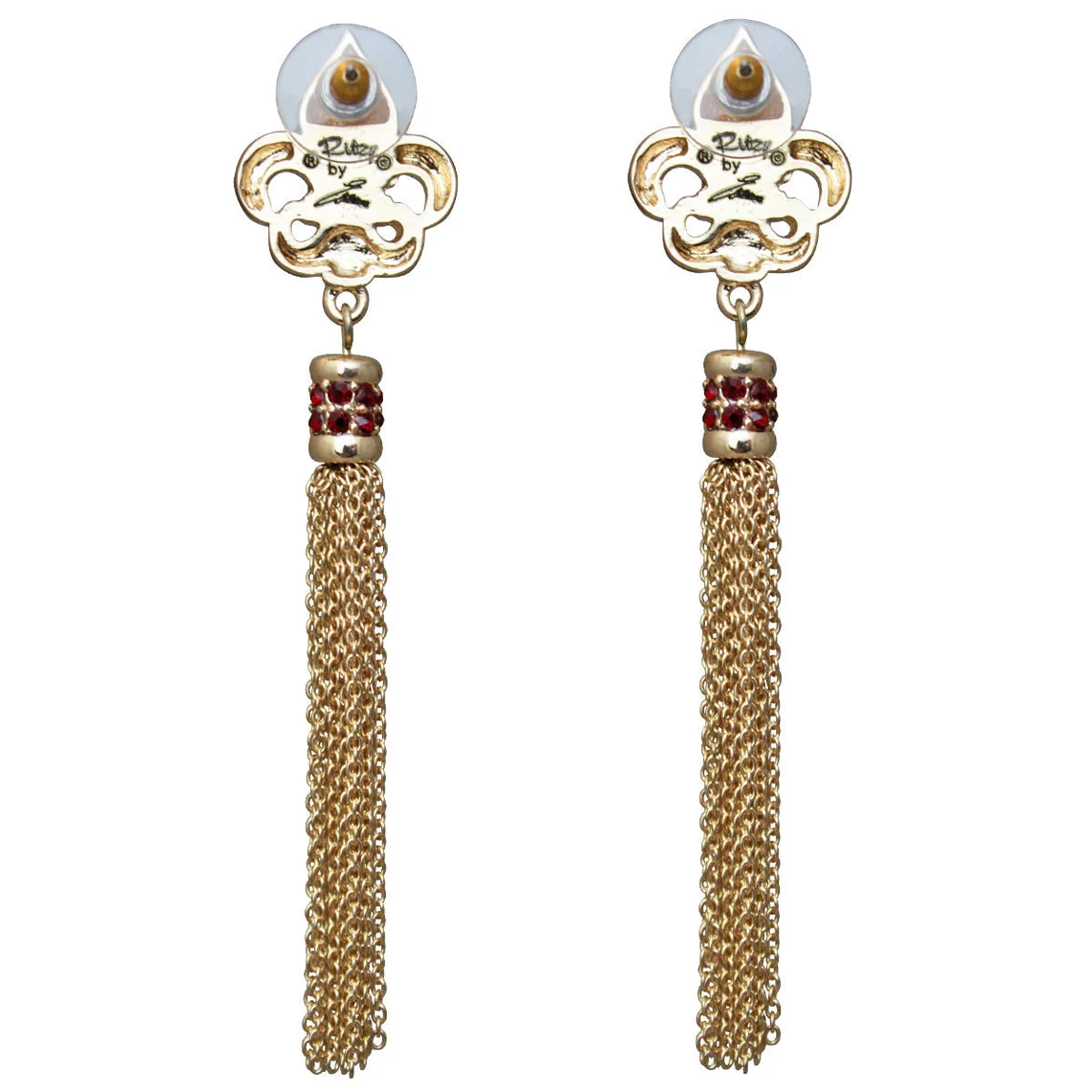 Ritzy Couture Royal Pave Fleur de Lis Siam Ruby Tassel Earrings (Goldtone)