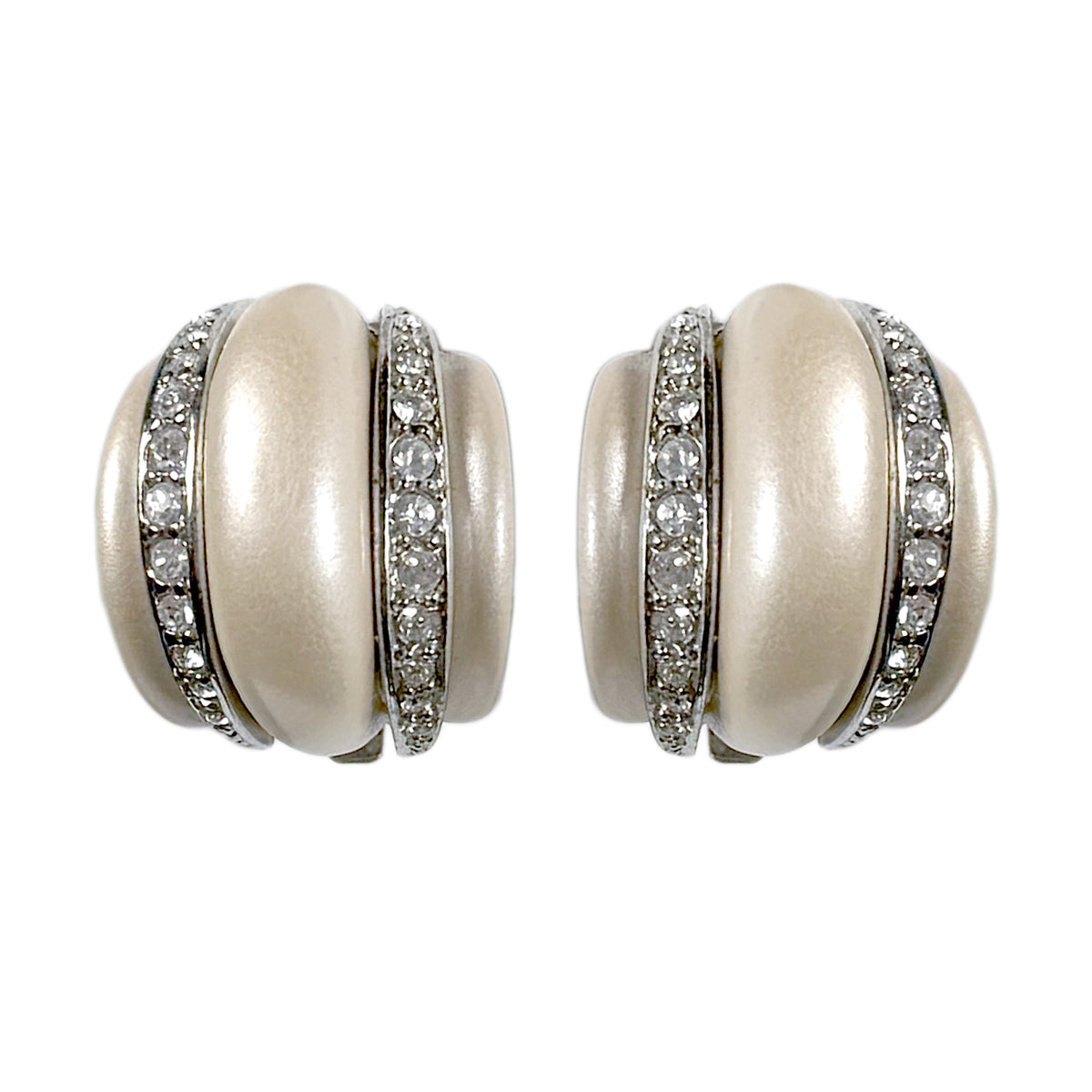 Kenneth Jay Lane Silver Plated Clip Earrings with Pearl Resin and Pave Crystals